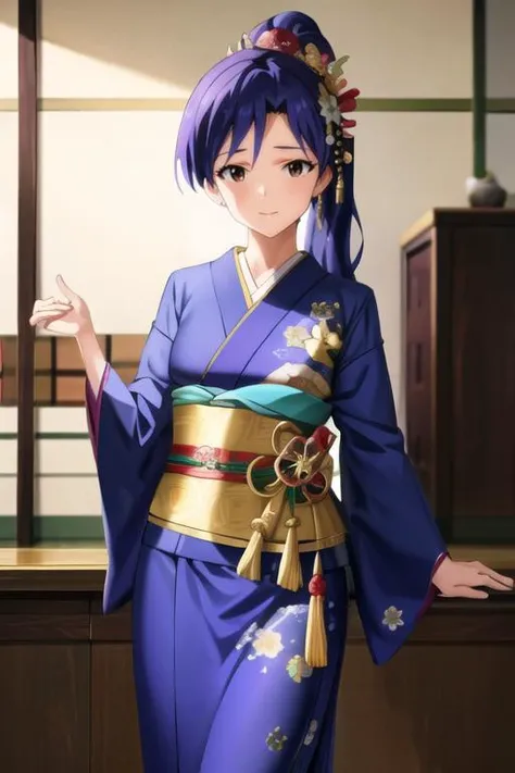 absurdres, highres, masterpiece, best quality,
chihaya kisaragi, flat chest, skinny, dark blue hair, hair up, looking at viewer,
dark purple kimono, floral print , gold obi, gold belt,
indoor, shouji,
<lora:chihaya-idolmaster:0.9>,<lora:Kimonos:0.6>,<lora:more_details:0.3>