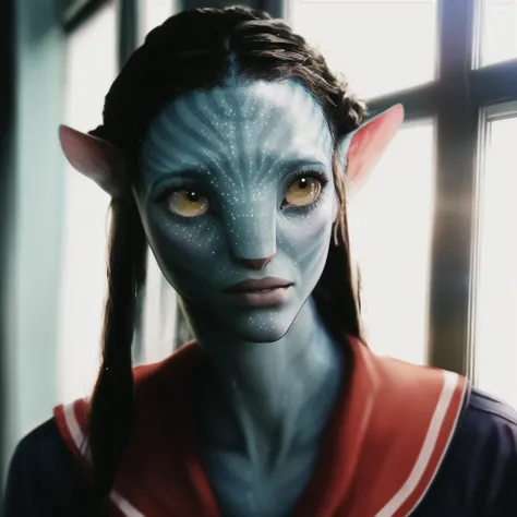 Neytiriblueskinbabe, 1girl, neutral, school uniform, classroom, chalkboard, window (Photorealistic:1.2)