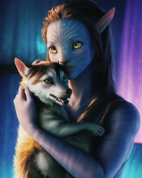 Neytiriblueskinbabe, 1girl, (holding a husky), loose straight hair, bioluminescence (Photorealistic:1.2)