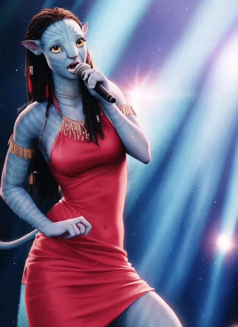 (Neytiriblueskinbabe), 1girl, tail, red dress, singer, holding microphone, singing, spotlight,, (Photorealistic:1.2)