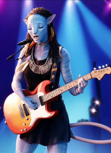 (Neytiriblueskinbabe), 1girl, tail, black dress, eyes closed, singer, holding microphone, singing, spotlight,(Photorealistic:1.2)