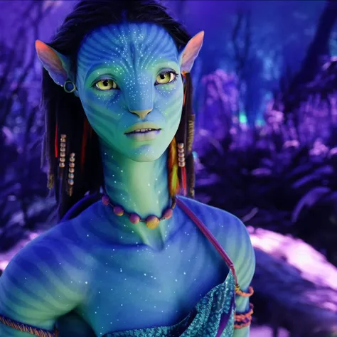 Neytiriblueskinbabe, 1girl, tail, restaurant, purple dress, flower on hair, bioluminescent, (Photorealistic:1.5)