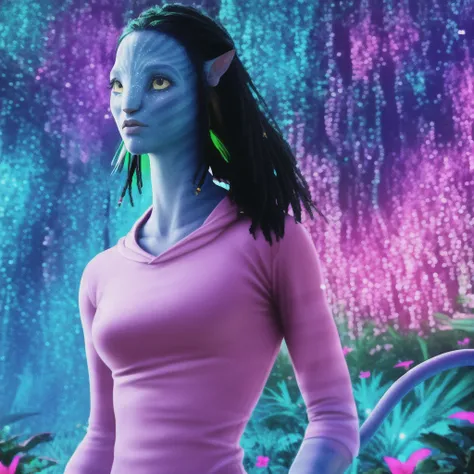 Neytiriblueskinbabe, 1girl, tail, neutral, upper body, hoodie outfit, neon flower on hair, cinematic angle, bioluminescent forest, (Photorealistic:1.3)