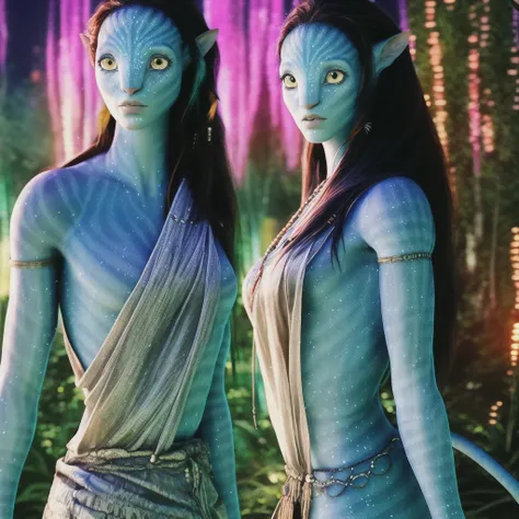 (Neytiriblueskinbabe), 1girl, tail, neutral, upper body, loose straight hair, cinematic angle, bioluminescent forest, (Photorealistic:1.3)