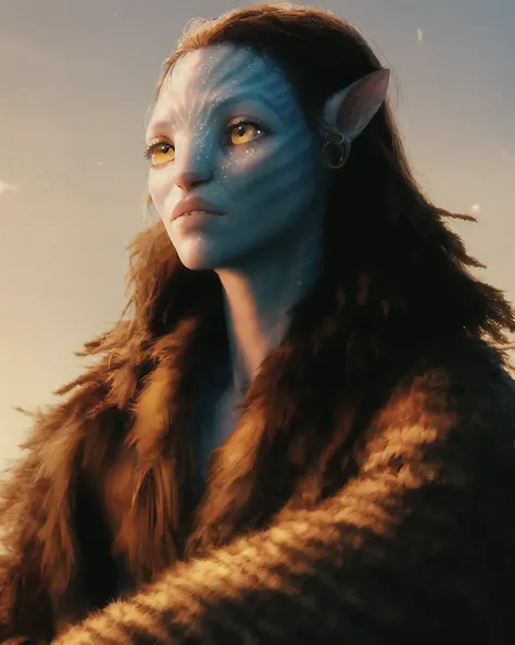 Neytiriblueskinbabe, 1girl, sitting with arms folded, tall, ((brown fur cloak)), tunic, frozen wasteland, ultra realistic, 8k, romantic lighting, soft lighting