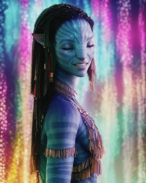 Neytiriblueskinbabe, 1girl, __pose__, POV, tall, tribal necklace, eyes closed, smiling, braided hair, small breasts, tail, bioluminescent forest, ultra realistic, 8k, romantic lighting, soft lighting