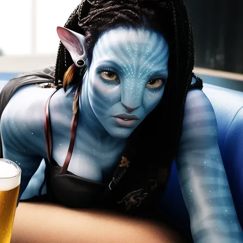 Neytiriblueskinbabe, 1girl, drunk, drinking beer, sitting on sofa, blue skin, (Photorealistic:1.2)