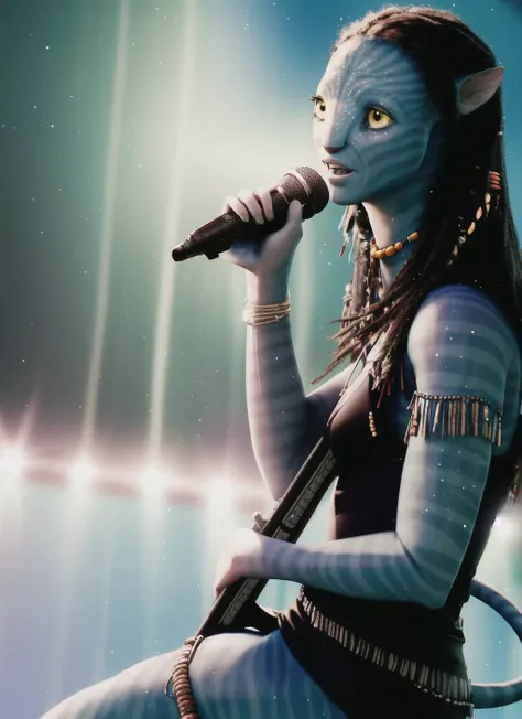 (Neytiriblueskinbabe), 1girl, tail, (black dress), happy, singer, holding microphone, singing, spotlight,(Photorealistic:1.2)