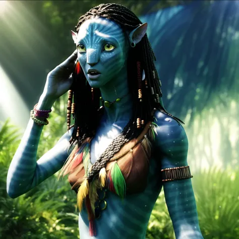 Neytiriblueskinbabe, 1girl, amazed, neutral, hands touching ears, upper body, plants, breasts, braided hair, green stone choker, torso, leaves in background, blurry background, depth of field, sunbeam, looking straight, angled view, leather bracelet, feather necklace