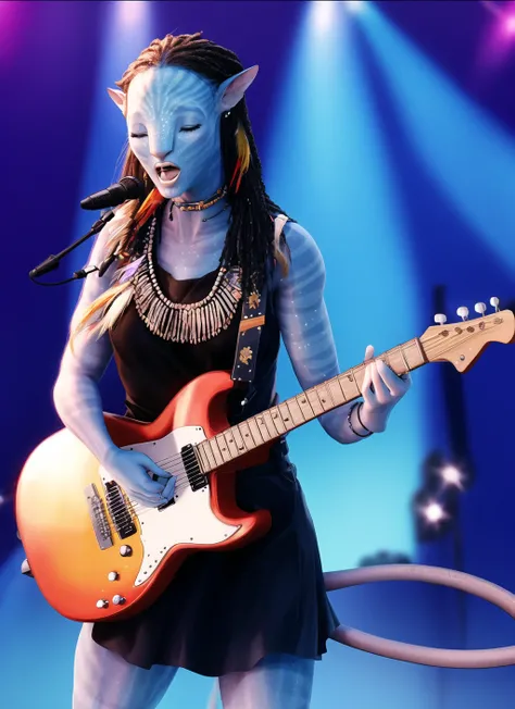 (Neytiriblueskinbabe), 1girl, tail, black dress, eyes closed, singer, holding microphone, singing, spotlight,(Photorealistic:1.2)