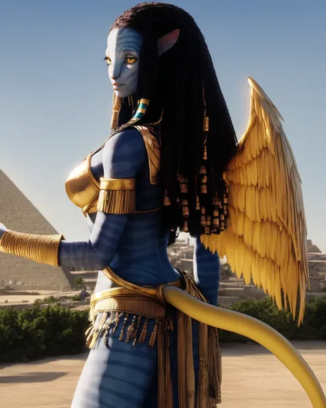 Neytiriblueskinbabe, 1girl, neutral, tail, egyptian outfit, pyramids, golden angel wings, egyptian city, (Photorealistic:1.2)