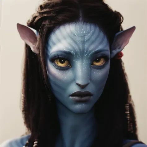 Neytiriblueskinbabe, 1girl, neutral, portrait, black lipstick, (goth), eye shadow, red rose on hair, (Photorealistic:1.2)