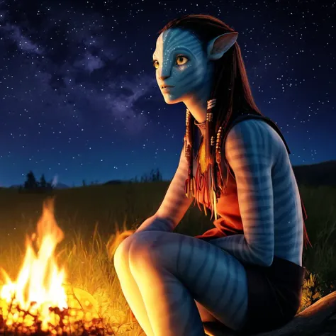 (Neytiriblueskinbabe), 1girl, neutral, sitting next to campfire, stars, nighttime, (Photorealistic:1.2)