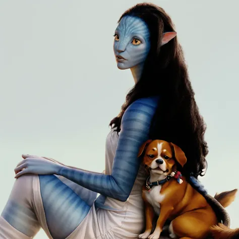 (Neytiriblueskinbabe), 1girl, tail, holding a Cavalier King Charles Spaniel, (Photorealistic:1.2)