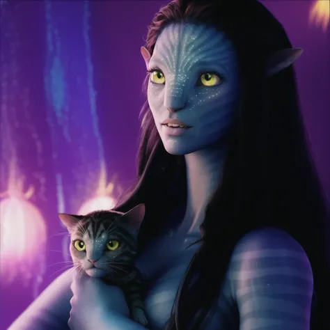 Neytiriblueskinbabe, 1girl, holding a kitten, loose straight hair, bioluminescence (Photorealistic:1.2)