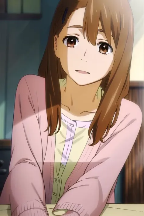 toukoyadomi, <lora:touko yadomi s1-lora-nochekaiser:1>,
touko yadomi, long hair, brown hair, (brown eyes:1.7), hair over shoulder, hair clip, smile,
BREAK shirt, yellow shirt, collarbone, long sleeve, cardigan, (pink cardigan:1.5),
BREAK indoors,
BREAK looking at viewer, (cowboy shot:1.5),
BREAK <lyco:GoodHands-beta2:1>, (masterpiece:1.2), best quality, high resolution, unity 8k wallpaper, (illustration:0.8), (beautiful detailed eyes:1.6), extremely detailed face, perfect lighting, extremely detailed CG, (perfect hands, perfect anatomy),