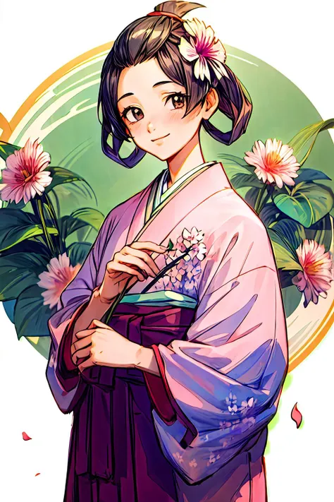 (masterpiece,best quality:1.5),1girl, smile, pink japanese clothes,   susato mikotoba,  <lora:gaa_susato:0.8>, standing, looking at viewer, (flower:1.3),  <lora:add_detail:1>