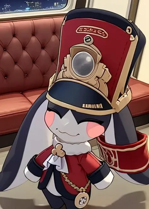 <lora:pompom-10:1>, solo,closed eyes, hat, looking at viewer, blush stickers, rabbit ears,shako cap, beautiful scenery, question mark, inside a train, night, (spoken question mark:1.2),