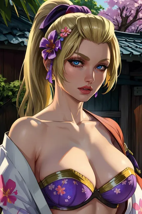 setsuka,blonde hair,lips,blue eyes,collarbone,ponytail,
hair flower,floral print kimono,purple strapless bra,cleavage, 
standing,  upper body,  
japanese village,  spring,  
(insanely detailed, beautiful detailed face, masterpiece, beautiful detailed eyes, best quality),<lora:setsuka-10SC4v7:0.8>,