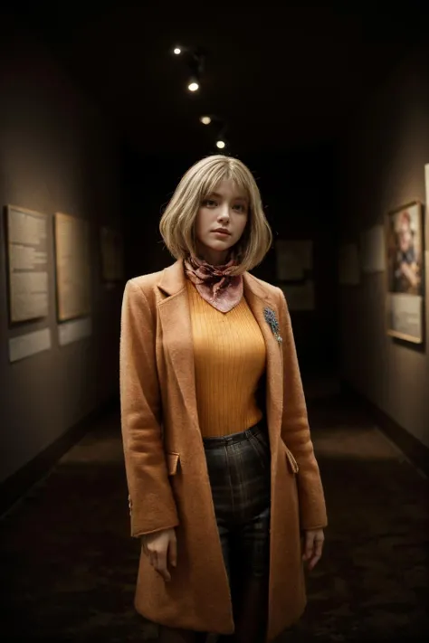 best quality,HDR,UHD,8K,Vivid Colors,solo,front view,(photo_(medium)),(looking at viewer:1.2),(1girl:1.3),(museum:1.4),(standing:1.5),bright light,(cowboy shot:1.2),<lora:add_detail:1>,<lora:Ashley:0.74>,Ashley,sweater,coat,