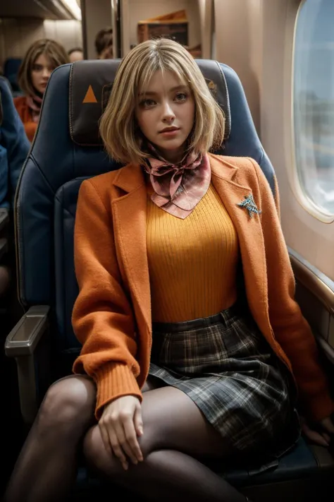 best quality,HDR,UHD,8K,Vivid Colors,solo,front view,(photo_(medium)),(looking at viewer:1.2),(1girl:1.3),(airplane interior:1.4),(sitting:1.5),bright light,<lora:add_detail:1>,<lora:Ashley:0.74>,Ashley,sweater,coat