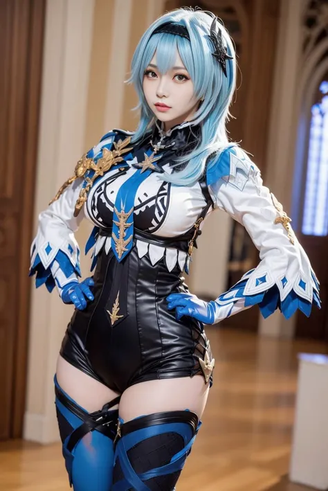 1girl, blue hair, short hair, black thighhighs, hairband, bangs, symmetry eyes,detailed face,outsides a white gothic church,((standing with hands on hips and the elbows ))extending outwards),head down,full body,medium breasts, eula \(genshin impact\), ((looking at the viewer)),((angry)),((sulky)),black kneehighs,pantyhose,smooth chin, (ulzzang-6500:0.7),(closed mouth), (plump thighs),thigh gap,game cg, rendering, (photorealistic:1.2)<lora:eulaRealistic:0.7> <lora:korean_v15:0.4> <lora:eula_v10:0.1>