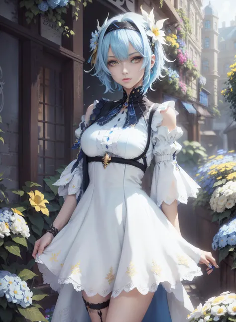 (masterpiece, best quality, 1girl, solo, yellow eyes, blue hair, black headband, intricate details, perfect eyes, chromatic aberration), realistic style, casual style, wide shot, (white blue dress:1.3), cut hair, blue highlights, hair over one eye, dress, garden, cafe, dim lighting, flower alley, full body, long legs, <lora:eulaRealisticGenshin_10:0.37>
