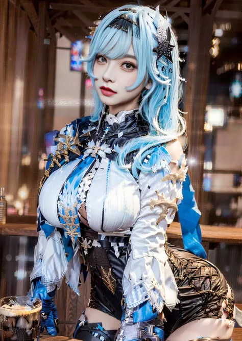 <lora:eulaRealisticGenshin_10:1> ((photorealistic)) ((huge breast)), (sitting), ((behind table)), table front, (bar), (night), (bar table) (extending outwards), (drunk), ((drunk face)), (drinking), (wooden barrel glass), inside bar,raw photo, ((1 girl)), raw photo,8k,(photorealistic:1.9),masterpiece, best quality, ultra high res, (best illustration), photon mapping,radiosity,best shadow,stand,((half-body shot)),portrait,natural light, detailed hair, thick lips, cool face, detailed face, kpop idol, 8k, blush, ultra-detailed, clean face, beautiful detailed face,(church), facing viewer, detailed hair, e, (ulzzang-6500-v1.1_2), photographed with a nikon d850, Nikon AF-S nikkor 58mm f/1.4G lens, (full body shot), thighhighs, thight, thick thighs, facing viewer, depth of field, cosplay, ((red drunk face)), ((blush)), <lora:japaneseDollLikeness_v15:1>