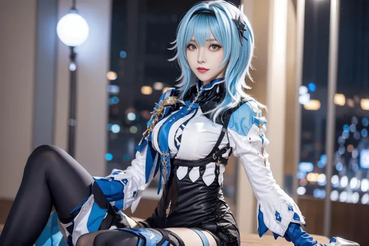1girl, blue hair, short hair, black thighhighs, hairband, bangs, symmetry eyes, cityscape, night, detailed face, medium breasts, (looking at viewer:1.2), black kneehighs, pantyhose, smooth chin, (ulzzang-6500:0.7), (smile:0.9), (upper body:1.2), closed mouth, game cg, rendering, (photorealistic:1.2), <lora:eulaRealisticGenshin_10:0.7> <lora:koreanDollLikeness_v10:0.4> <lora:eula_v10:0.1>