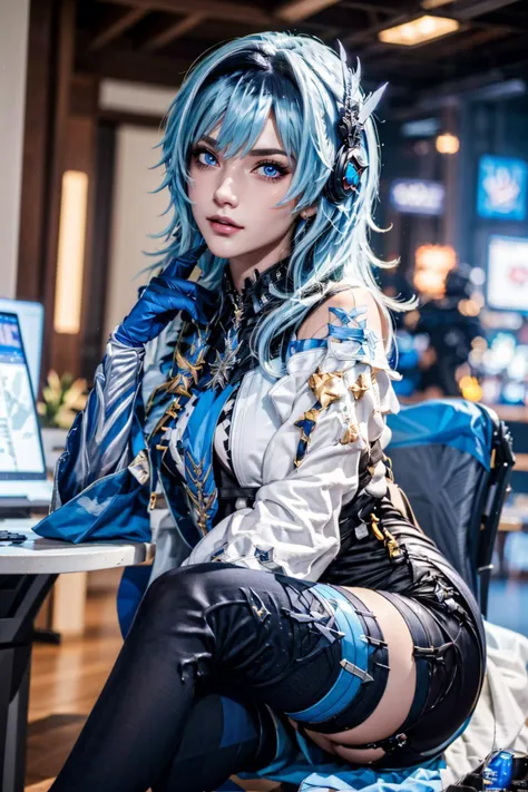 Portrait, Professional fashion photography, 8k, absurdres, v-ray render, sharp, sharp focus, volumetric lighting, cinematic scene, 1girl, Eula-test, (detailed face and eyes):1.2, sitting, legs crossed, carbon38 leggings, indoors, sci fi, cyberpunk internet cafe, moon glow, lights, bokeh, <lora:difConsistency_detail:0.2>, <lora:Eula-test8:0.8>