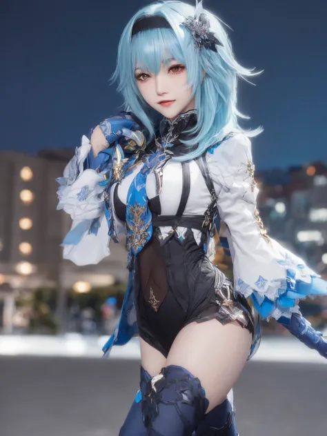 1girl, blue hair, short hair, black thighhighs, hairband, bangs, symmetry eyes, cityscape, night, detailed face, medium breasts, (looking at viewer:1.2), black kneehighs, pantyhose, smooth chin, (ulzzang-6500:0.7), (smile:0.9), (upper body:1.2), closed mouth, game cg, rendering, (photorealistic:1.2),