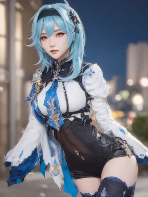 1girl, blue hair, short hair, black thighhighs, hairband, bangs, symmetry eyes, cityscape, night, detailed face, medium breasts, (looking at viewer:1.2), black kneehighs, pantyhose, smooth chin, (ulzzang-6500:0.7), (smile:0.9), (upper body:1.2), closed mouth, game cg, rendering, (photorealistic:1.2),