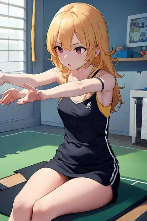 (masterpiece, best quality), 1girl, <lora:stretching:1> stretching, outstretched arms,sitting on ground