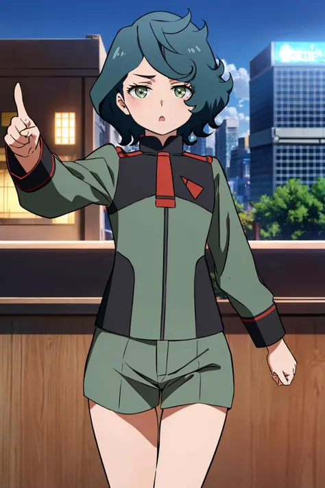 masterpiece, best quality, 1girl,  <lora:noreadunoc-nvwls-v1-000009:1> noreadunoc, green jacket, short necktie, long sleeves, green shorts, furrowed brow, :o, raised arm, city, looking at viewer, pointing at you