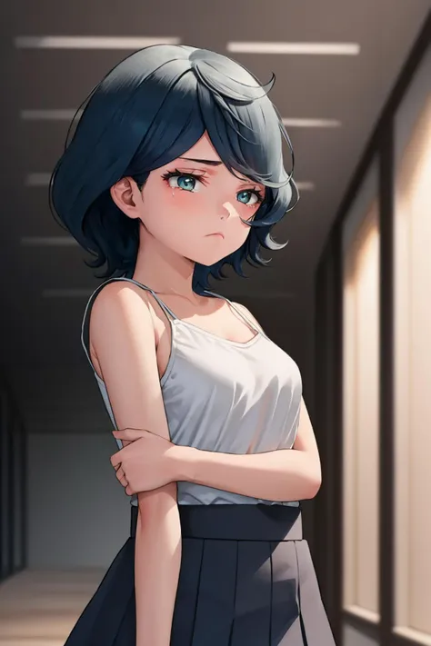 masterpiece, best quality, 1girl,  <lora:noreadunoc-nvwls-v1-000009:1> noreadunoc, white camisole, blue skirt, hallway, tears in eyes, frown, sad