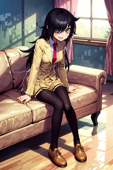 (masterpiece:1.2), best quality, ultra high res, unity 8k wallpaper, (illustration:1.0), (beautiful detailed eyes:1.6), extremely detailed face, Cinematic lighting, high contrast , clear color, (perfect hands,perfect anatomy), (dynamic angle and pose:1.3), best angle, (1girl, solo:1.5), BREAK
kuroki tomoko, hair over one eye, green eyes, black hair, bags under eyes, long hair, hair between eyes, BREAK
pantyhose, school uniform, necktie, skirt, black pantyhose, long skirt, jacket, pleated skirt, blazer, yellow skirt, yellow jacket, long sleeves, BREAK
smile, happy, BREAK
(luxurious mansion:1.4), (indoor:1.2), (window:1.3), (curtain:1.2), (sofa:1.6),