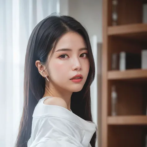solar, (looking at viewer:1.2), dressed, beautiful expression, beautiful face, detailed eyes,detailed iris, detailed face, (pureerosface_v1:0.7), (photo realistic:1.4), (hyper realistic:1.4), (realistic:1.3), (smoother lighting:1.05), (increase cinematic lighting quality:0.9), 32K, 1girl, woman, bangs, realistic lighting, backlighting, light on face, ray trace, (brightening light:1.2), (Increase quality:1.4), (best quality real texture skin:1.4), finely detailed eyes, finely detailed face, finely quality eyes, (tired and sleepy and satisfied:0.0), face closeup, t-shirts, (Increase body line mood:1.1), (Increase skin texture beauty:1.1) <lora:sayhello0o-v1-solarmamamoo:0.85>