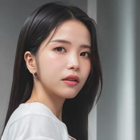 solar, (looking at viewer:1.2), dressed, beautiful expression, beautiful face, detailed eyes,detailed iris, detailed face, (pureerosface_v1:0.7), (photo realistic:1.4), (hyper realistic:1.4), (realistic:1.3), (smoother lighting:1.05), (increase cinematic lighting quality:0.9), 32K, 1girl, woman, bangs, realistic lighting, backlighting, light on face, ray trace, (brightening light:1.2), (Increase quality:1.4), (best quality real texture skin:1.4), finely detailed eyes, finely detailed face, finely quality eyes, (tired and sleepy and satisfied:0.0), face closeup, t-shirts, (Increase body line mood:1.1), (Increase skin texture beauty:1.1) <lora:sayhello0o-v1-solarmamamoo:0.85>