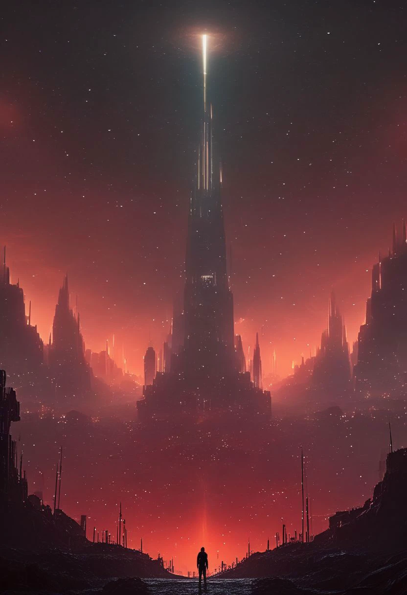upside down world where humans are falling from a blood red sky with shooting stars destroying a monumental post apocalyptic city, masterpiece, best quality, hyper detailed, ultra detailed, ultra high definition, 8k, unreal engine 5, super sharp focus, intricate masterpiece art, golden ratio, popular on artstation