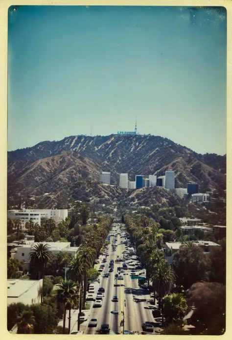 ()Hyoer Realistic:2.0)Polaroid picture 
an image of 
A stunning aerial view of Los Angeles, California, with a beautiful blue sky and palm trees lining the streets. The iconic Hollywood sign is visible on a hill, and the city skyline is dotted with modern skyscrapers and older buildings. The streets are bustling with life, and there's a sense of excitement and glamour in the air.