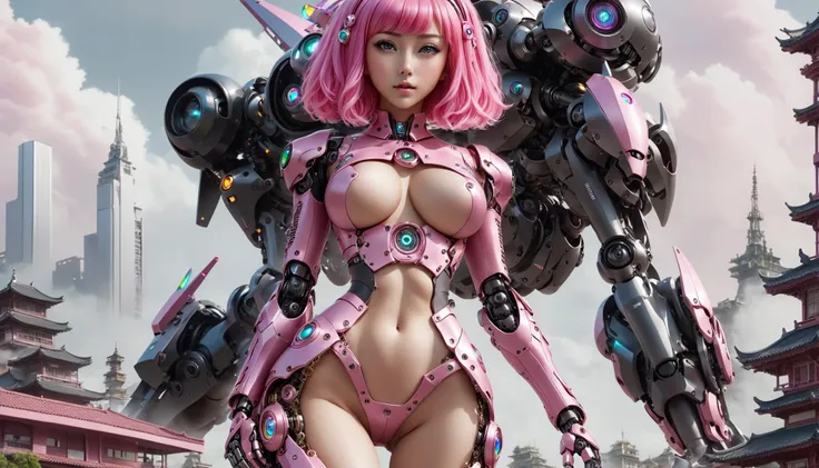 1girl , <lora:stephanie_xl_V1:0.5>, with pink hair and a pink wig, stripped dress, standing[::6] ,trousers[::2] , fantastic scenery, city[::3], rainbow,  <lora:EnvyMysteriousXL01:0.8>,,    1mecha, best quality, biomechanical, complex robot, hyper realistic, (hyper detailed:1.25), intricate, (insane fine details:1.1), Extremely sharp lines, scifi aesthetic, a masterpiece <lora:wowifierXL:0.5>  by mooncryptowow, complex robot,, very thin waist,  <lora:SDXL_MassiveCowsLoRA_v1:0.1> breasts, cleavage, slim body,, (8k, masterpiece, best quality, ultra-detailed),  (an extremely delicate and beautiful)kawaii, cute, very big eyes, Aesthetic Anime Eyes, small face,  large breasts, cinematic lighting, , Intricate, High Detail, Sharp focus, dramatic,   masterpiece, best quality, ultra-detailed,