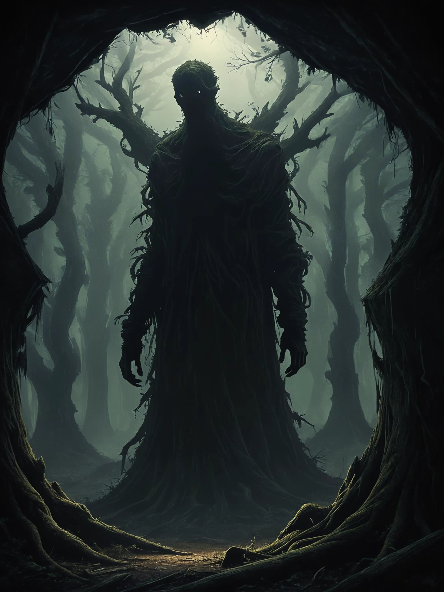 photorealistic, detailed digital illustration of a Distorted silhouette lurking in abandoned attic , Dark, twisted forest with gnarled trees in the background <lora:xl_more_art-full_v1:0.4>, <lora:NicolaSamori:0.8>, <lora:EnvyMysteriousXL01:0.7>
