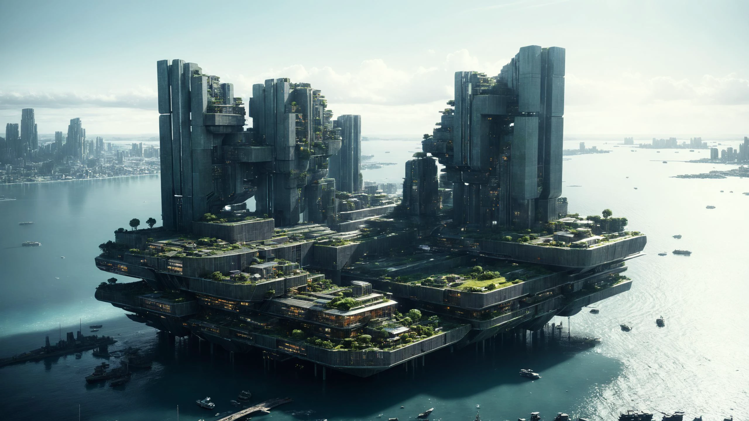 photorealistic, detailed digital illustration of a futuristic floating city in the middle of the ocean, <lora:xl_more_art-full_v1:0.4>, Backlighting, <lora:EnvyPanoramaXL01:0.8>, <lora:EnvyReclaimedBrutalismXL01:0.7> reclaimed brutalism, <lora:sdxlaarg_aerial:0.8> archiaerialview, <lora:EnvyMysteriousXL01:0.7>