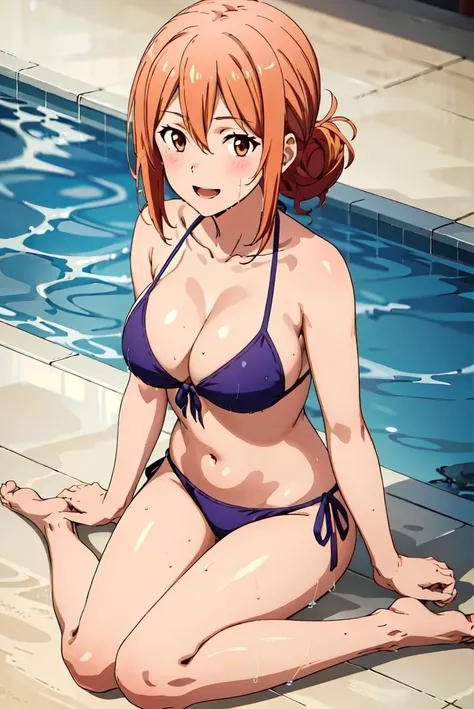 (extremely detailed CG unity 8k wallpaper),(masterpiece),(best quality),(ultra-detailed),(best illustration),(best shadow),(absurdres),<lora:yuigahama-12:0.7>,yuigahama, 1girl, breasts, swimsuit, solo, bikini, purple bikini, open mouth, towel, cleavage, large breasts, navel, side-tie bikini bottom, hair bun, barefoot, looking at viewer, sitting, orange hair, single hair bun, smile, blush, towel around neck, wet, collarbone, brown eyes, hair between eyes
