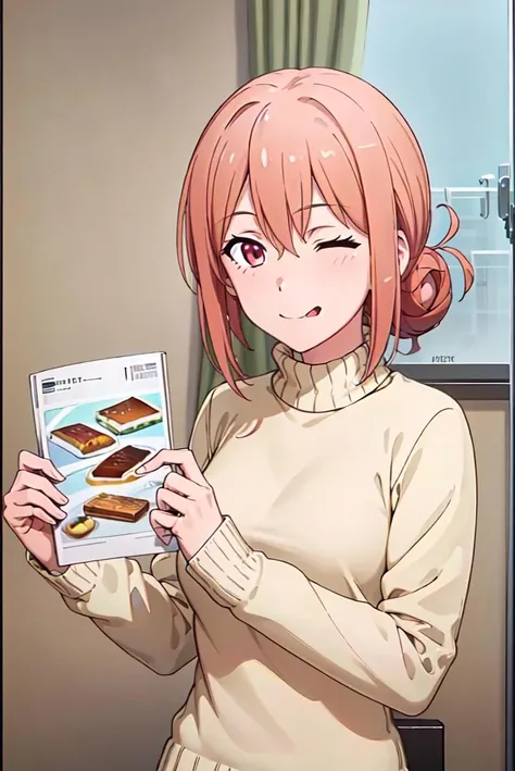 (extremely detailed CG unity 8k wallpaper),(masterpiece),(best quality),(ultra-detailed),(best illustration),(best shadow),(absurdres),<lora:yuigahama-12:0.7>,yuigahama, 1girl, solo, tongue, one eye closed, tongue out, sweater, window, v over eye, ;q, looking at viewer, hair bun, food, v, indoors, single hair bun, turtleneck, holding, smile, pink hair, 
