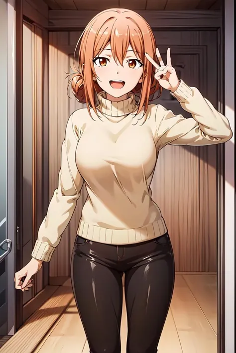 (extremely detailed CG unity 8k wallpaper),(masterpiece),(best quality),(ultra-detailed),(best illustration),(best shadow),(absurdres),<lora:yuigahama-12:0.7>,yuigahama, open mouth, smile, sweater, :d, hair between eyes, looking at viewer, turtleneck, 1girl, upper body, single hair bun, orange eyes, hair bun, shiny hair, teeth, brown eyes, solo focus, long hair, peace sign, leggings