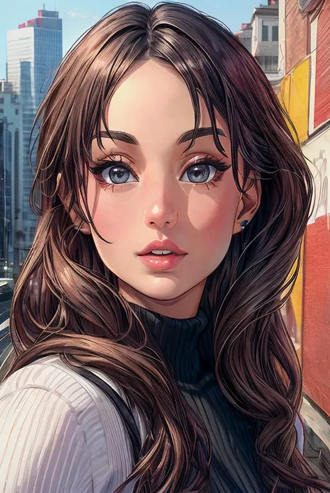 beautiful woman (EPB14nc4Km13c:.99),(masterpierce, photorealistic, best quality, 8k, dslr, absurdres,award winning photo, extremely detailed, amazing, fine detail, extremely detailed eyes and face),Closeup portrait of a classy woman, looking at viewer, wearing Ribbed Turtleneck, in SANTIAGO , standing,