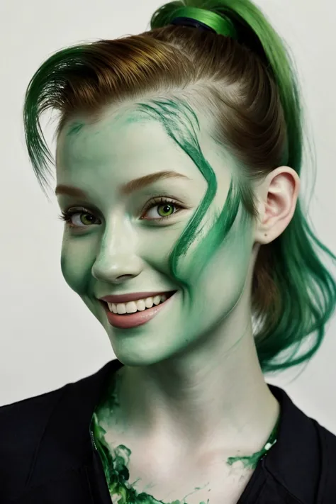 (gouache painting, vibrant, opaque, texture, highly detailed:1.15), <lora:sd15_ChandlerLovelle_v1:.9> ChandlerLovelle, focus on eyes, close up on face, huge smile, seaweed green color hair styled high ponytail, desaturated grunge filter