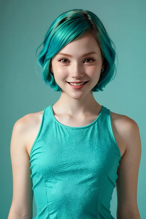 headshot photo of <lora:sd15_ChandlerLovelle_v1:.9> ChandlerLovelle, focus on smiling face, wearing a tennis dress <lora:tennis_dress-1.0:0.8> , her turquoise color hair is styled as textured bob,