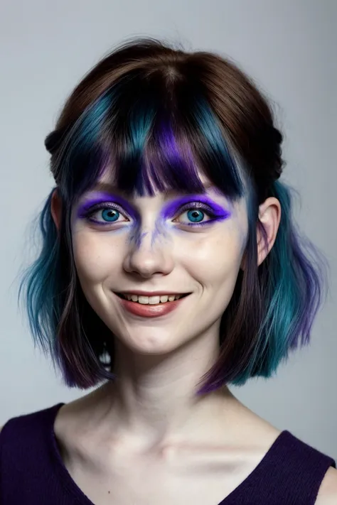 (abstract expressionism, style of Oskar Kokoschka, bleeding blue, azure and purple theme:1.15), <lora:sd15_ChandlerLovelle_v1:.9> ChandlerLovelle, focus on eyes, close up on face, huge smile, hair styled layered bob with bangs hair, black and white